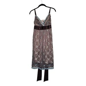 Vintage Y2K 90s Lace‎ Midi Dress Brown Ribbon Adjustable Straps Party Cocktail M